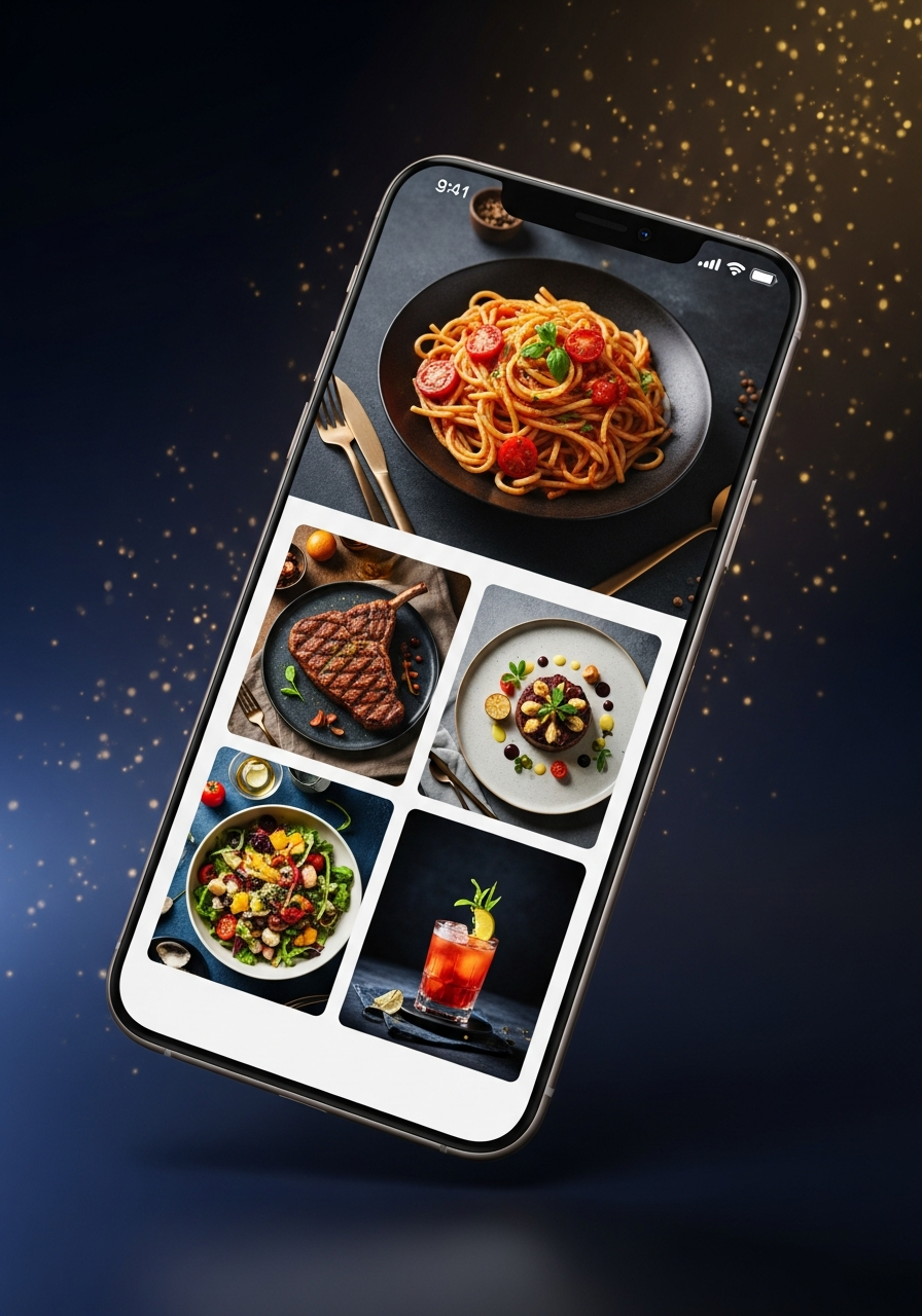 Example Plated Page — a restaurant's mobile landing page showing a hero food photo and a visual menu grid of professionally styled dishes, with a QR code badge for table-side scanning